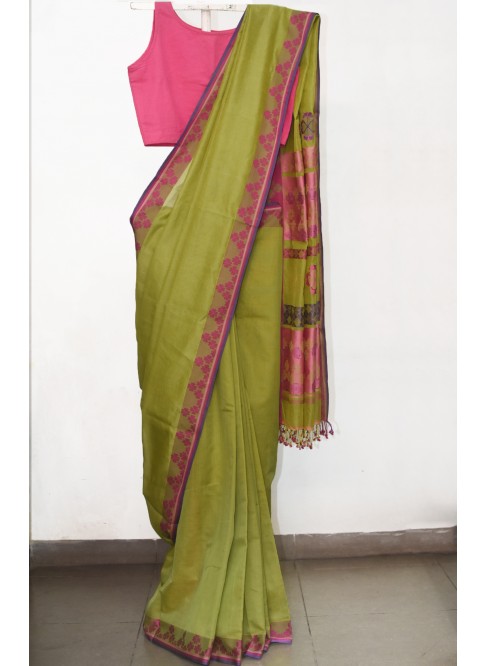 Olive Green, Handwoven Organic Cotton, Textured Weave , Jacquard, Work Wear Saree